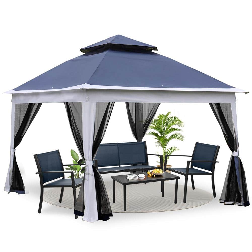 11 ft. x 11 ft. Blue Pop-Up Gazebo Canopy with Removable Zipper 2-Tier Soft