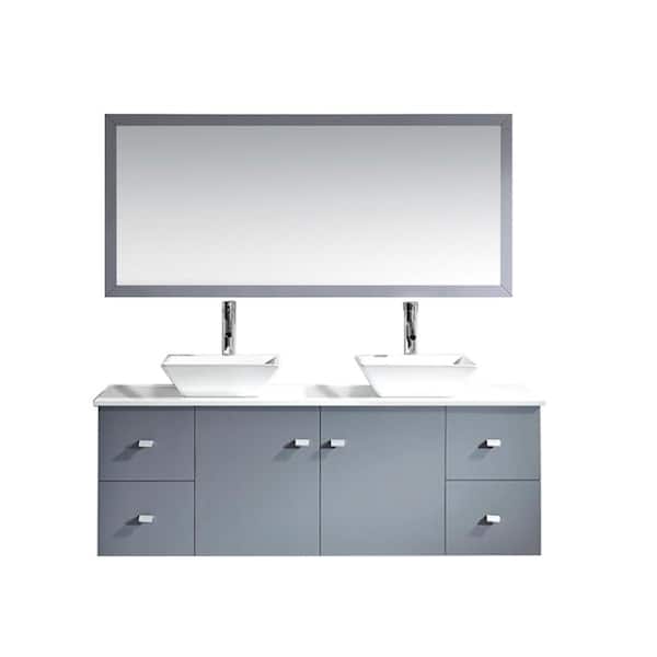 Virtu USA Clarissa 60 in. W Bath Vanity in Gray with Stone Vanity Top in White with Square Basin and Mirror
