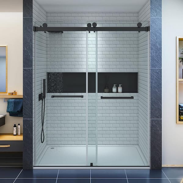 WELLFOR 60 in. W x 76 in. H Double Sliding Frameless Shower Door in Matte Black with 3/8 in. Clear Glass Bypass Trackless Doors