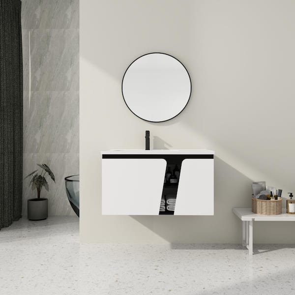 Unbranded 36 in. W x 20 in. D x 20 in. H Wall Mounted Bath Vanity in White and Black with White Ceramic Top