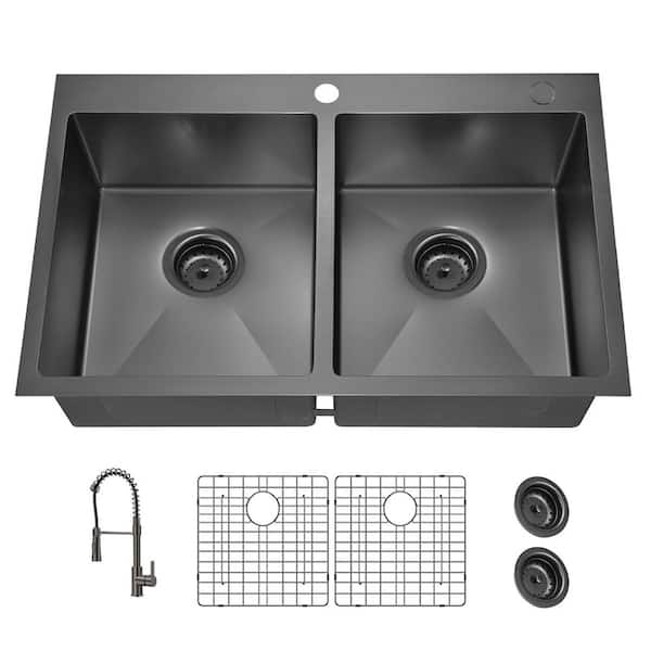 33 in. Drop-In 50/50 Double Bowl 18 Gauge Gunmetal Black Stainless Steel Kitchen Sink With Black Spring Neck Faucet