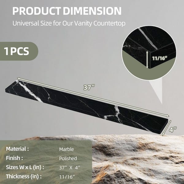 37 in. W x 4 in. H Marble Vanity Backsplash in Black Rear Panel for Bathroom Vanity Sink Top or Doorway Floor Transition