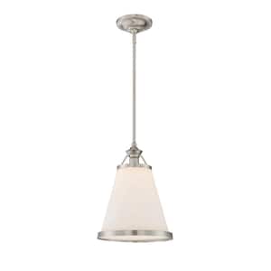 Ashmont 13 in. W x 21.25 in. H 1-Light Satin Nickel Shaded Pendant Light with Milk Glass Shade