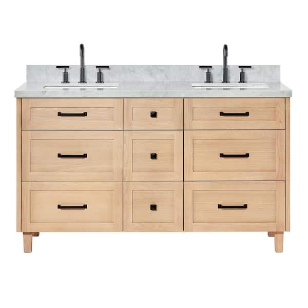 Monroe 61 in. W x 22 in. D x 36 in. H Double Bath Vanity in Oak with Italian Carrara Marble Top