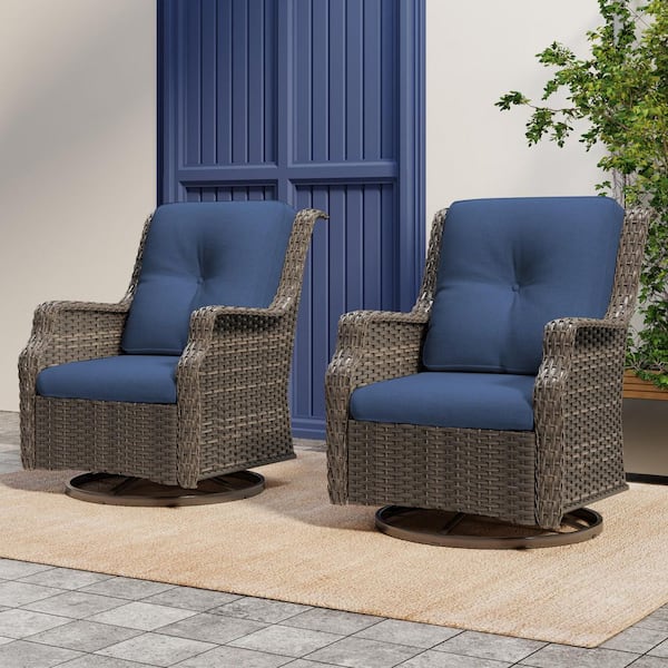 2-Piece Outdoor Patio Wicker Lounge Chair Swivel Rocking Chair with Blue Cushions