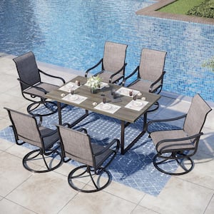 Black 7-Piece Metal Patio Outdoor Dining Set with U Shaped Rectangle Table and Textilene Swivel Chairs