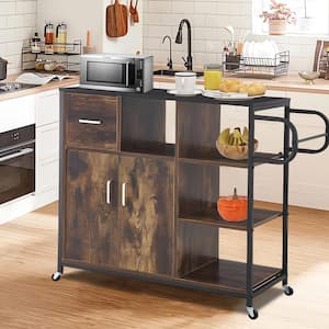 Rustic Brown Solid Wood Top 35.43 in. W Kitchen Island on 4-Wheels with Open Shelves