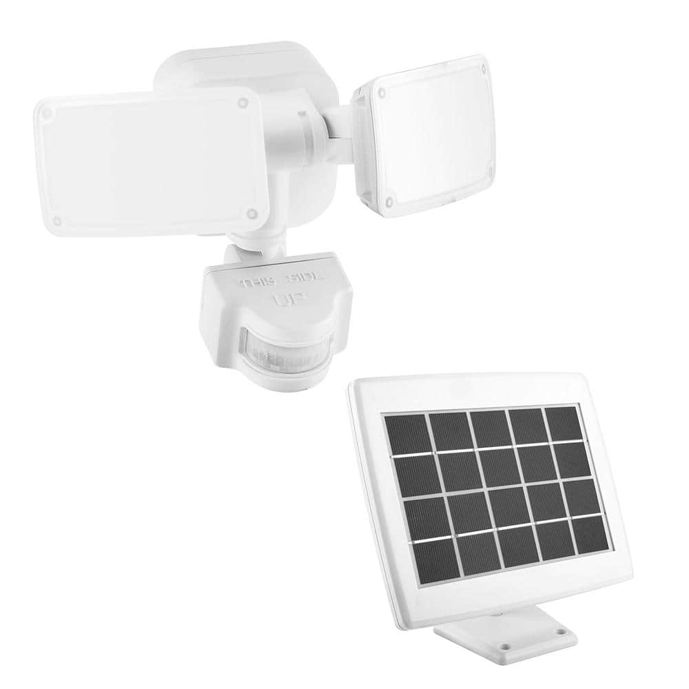 Defiant 180-Degree White Motion Activated Solar Powered Outdoor 2-Head LED Security Flood Light 1000 Lumens