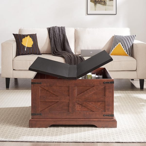 31.5 in. Barn Design Square Oak Farmhouse Cocktail Wood Coffee Table with Large Hidden Storage Compartment, Lift Top