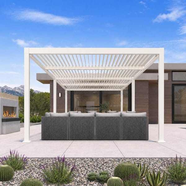 11 ft. x 23 ft. White Aluminum Outdoor Louvered Pergola with Individual Adjustable Sunshade Roofs and LED Lights