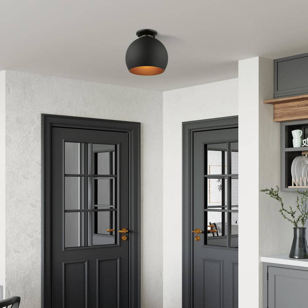 Black and Gold Aluminum 1-Light Semi-Flush Mount