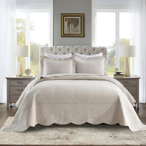TG69 Khaki Beige Elegantly Embroidered King Size Cotton Oversized Quilt Bedspread Set