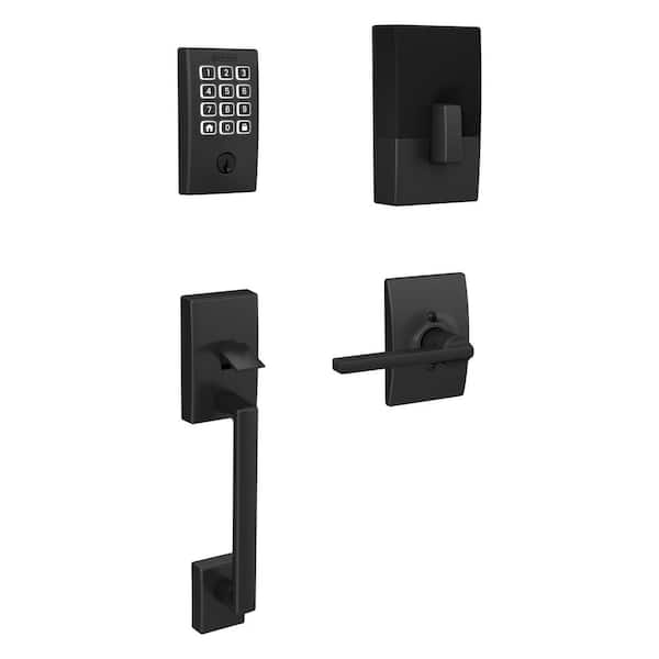 Century Matte Black Arrive Smart WiFi Deadbolt and Lower Half Door Handleset with Accent Handle and Century Trim