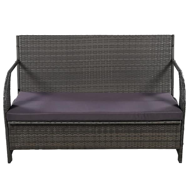 URTR HDPE Wicker Outdoor Patio Loveseat Space Saving 2-Person Bench Convertible to 4-Seats And table with Purple-Gray Cushion