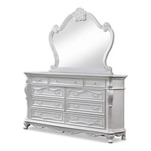 Feliciano White 9-Drawer 70.5 in. Dresser with Mirror with Felt Lined Top Drawer and Carved Details