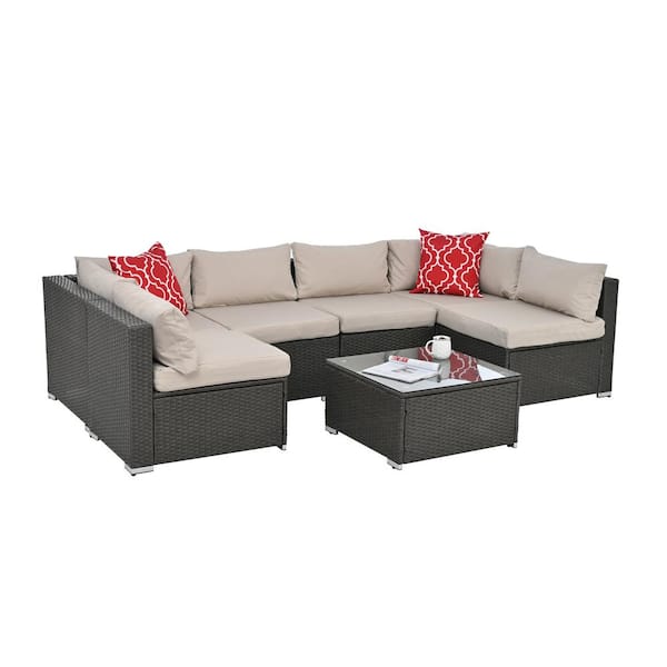 Sudzendf 7 Piece Patio Furniture Sets Outdoor Furniture Seasonal PE Wicker Furniture with Beige Cushions