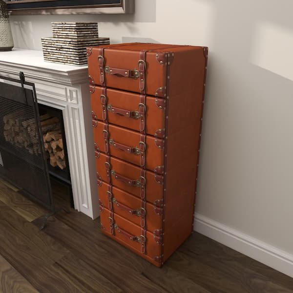 Litton Lane 6-Drawer Brown Faux Leather Chest with Buckle and