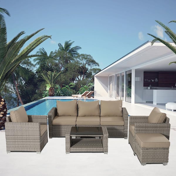 Runesay Outdoor Grey 7-Piece Wicker Patio Conversation Set with Grey Cushions