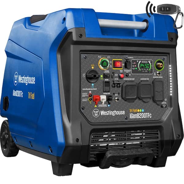 8,200-Watt Remote Electric Start Tri Fuel Gas, Propane, Natural Gas Powered Inverter Generator with CO Sensor