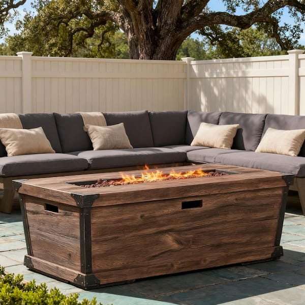 Outdoor 56 in. Patio Concrete Fire table, 50000 BTU Rectangle Gas Burning Fire Pit, Wood Pattern Fire Table in Brown