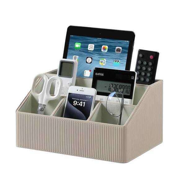 Beige PU Leather Remote Control Holder with 5 Compartments，7inx5. 5in