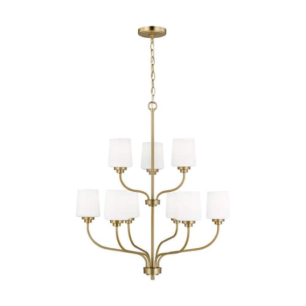 Generation Lighting Windom 9-Light Satin Brass Hanging Chandelier with Alabaster Glass Shades