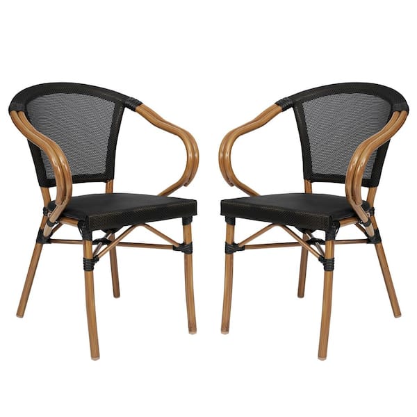 Brown Aluminum Outdoor Dining Chair in Black Set of 2