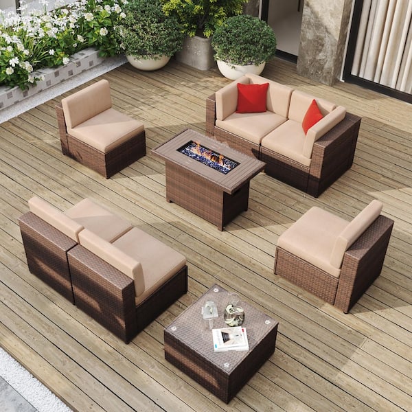 Sizzim Brown 8-Piece Wicker Patio Fire Pit Conversation Set, Seating Sofa Set, Beige Cushion and Coffee Table