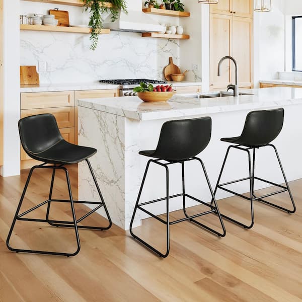 34.5 in. Black Color Swivel Faux Leather Seat Bar Stool Counter Height Metal Frame Bar Stools with Low Back (Set of 3)