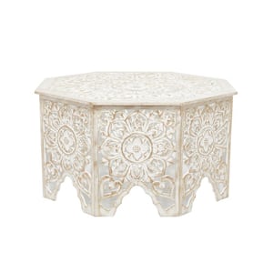 33 in. White Medium Round Wood Handmade Intricately Carved Floral Coffee Table