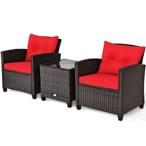 3-Piece Wicker Patio Conversation Set Rattan Furniture Set with Red Washable Cushion