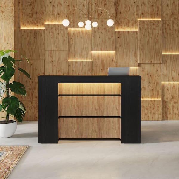 BYBLIGHT Moronia 63 in. Front Reception Counter Desk, Black and Khaki Wood Executive Computer Desk Workstation with LED Lights