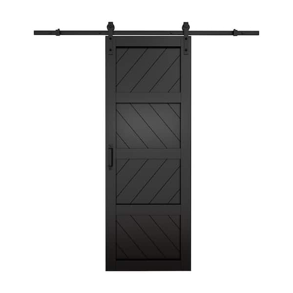 EH PUERTA 30 in. x 84 in. Black Finished 4-Lite Wave Pattern Style MDF Sliding Barn Door with Hardware Kit and Soft Close