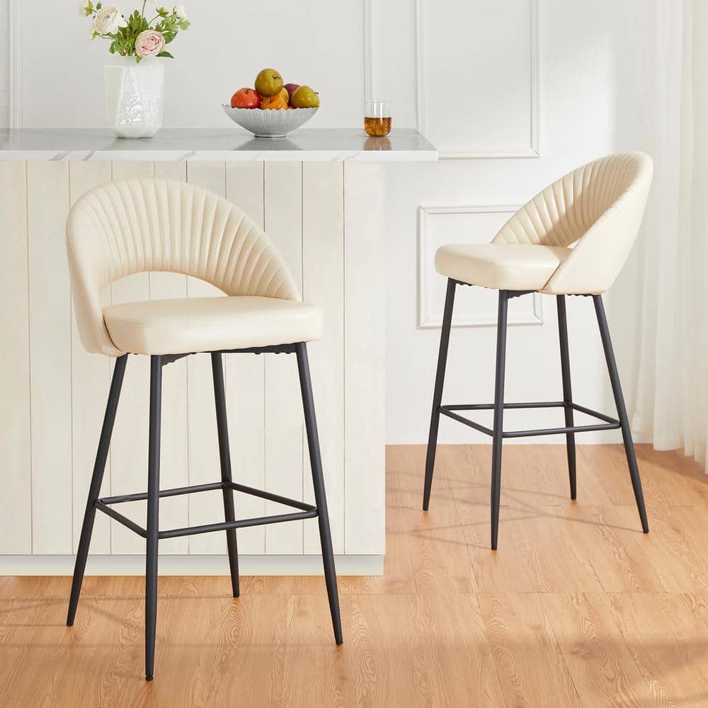 Set of 2 Cream Quilted Leatherette Bar Stools with Metal Legs