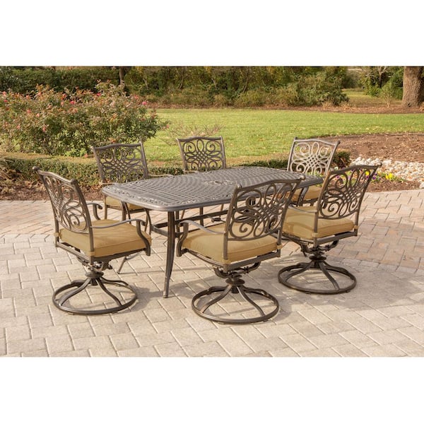 Hanover Traditions 7-Piece Aluminum Outdoor Dining Set with 6 Swivel Dining Chairs and Natural Oat Cushions