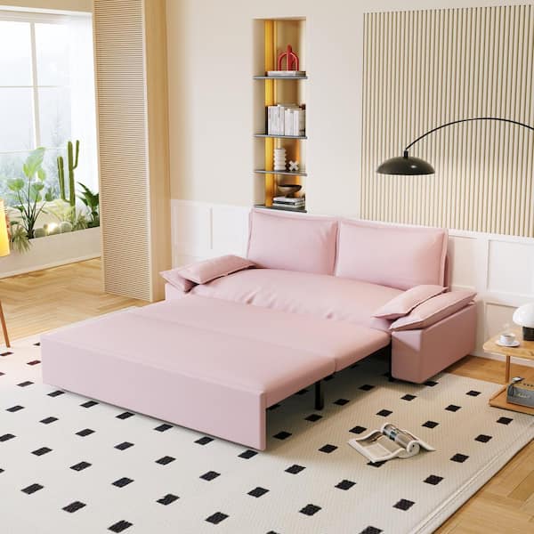 Harper & Bright Designs 70.1 in. 3-in-1 Convertible Pink Soft Velvet Queen Size Sofa Bed with 2 Soft Pillows