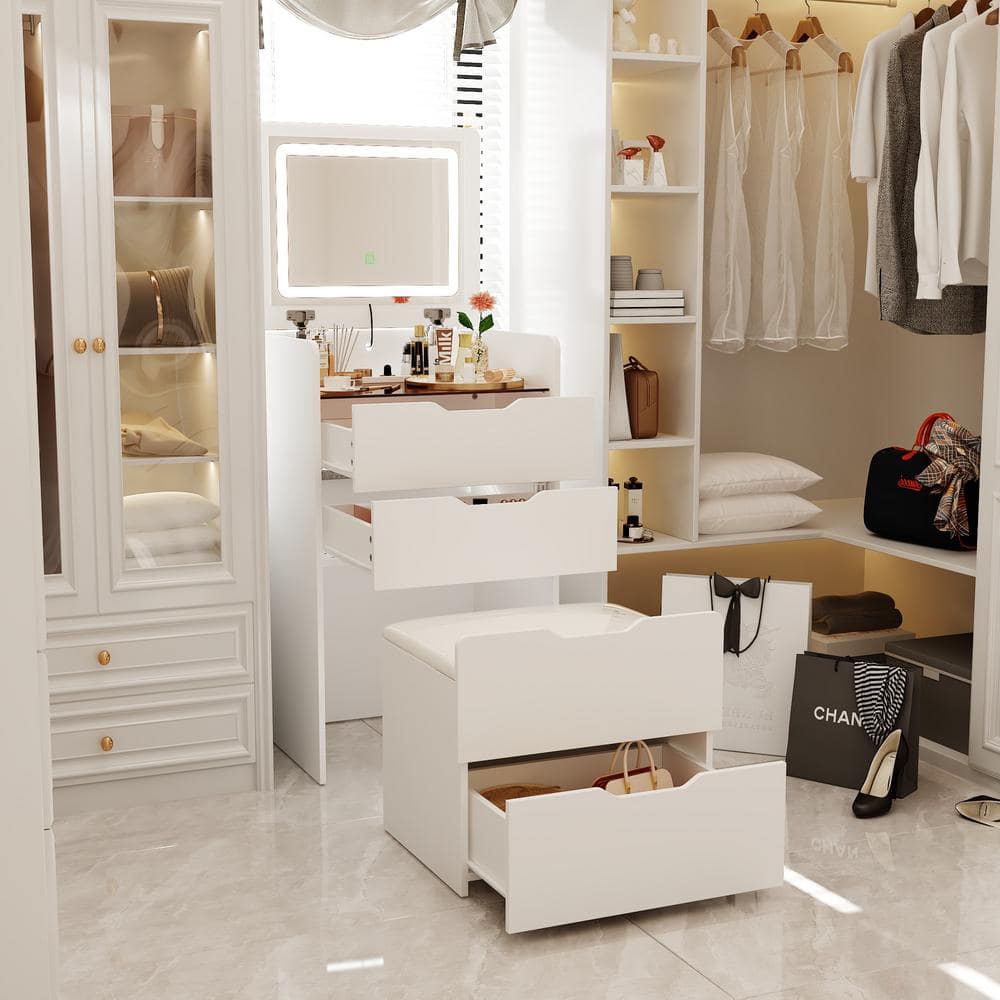 3-Drawer White Wood Makeup Vanity Set Dresser Table with Flip-Top Mirror, See-Through Glass Top, Lights, Stool - thumbnail 5