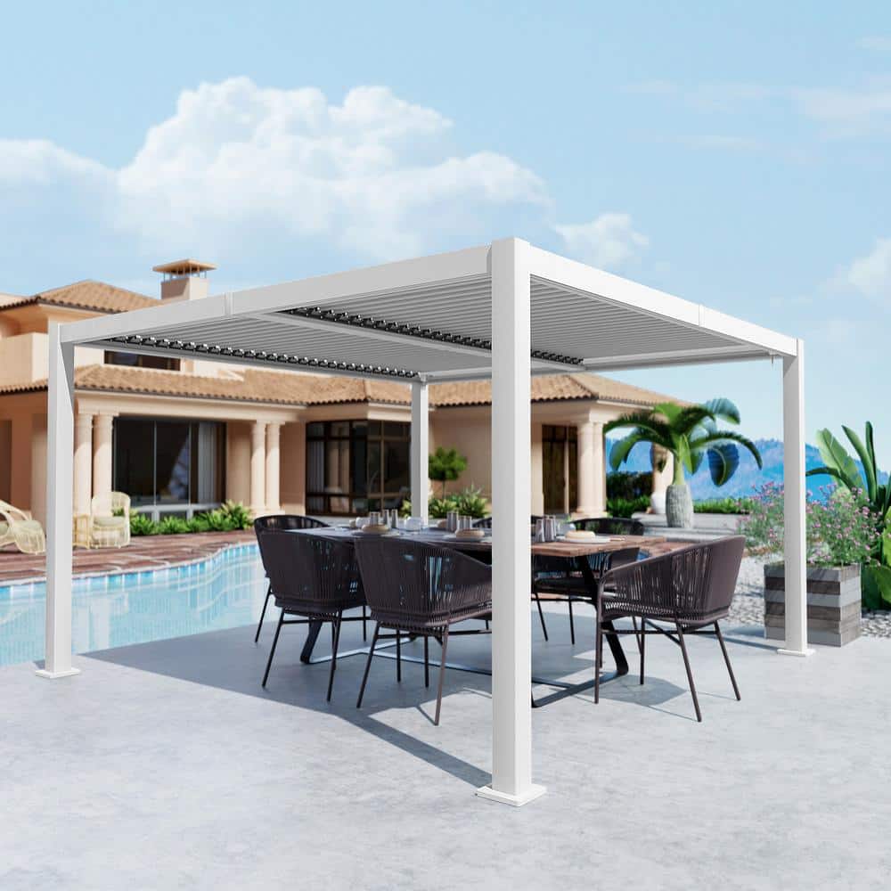 White Aluminum 10'x12' Outdoor Louvered Pergola with Adjustable Roof