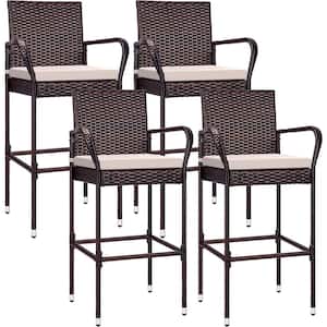 Wicker Outdoor Bar Stools With Armrests and Cushions (4-Pack)