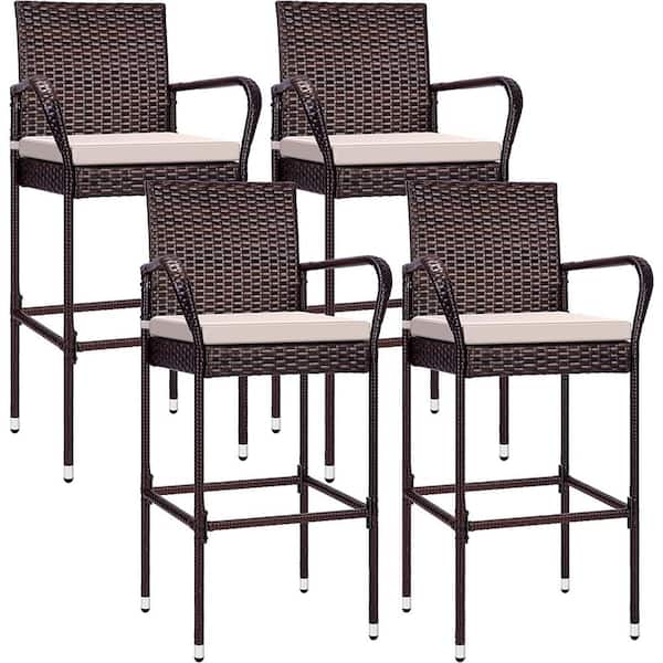 VIVOHOME Wicker Outdoor Bar Stools With Armrests and Cushions (4-Pack)