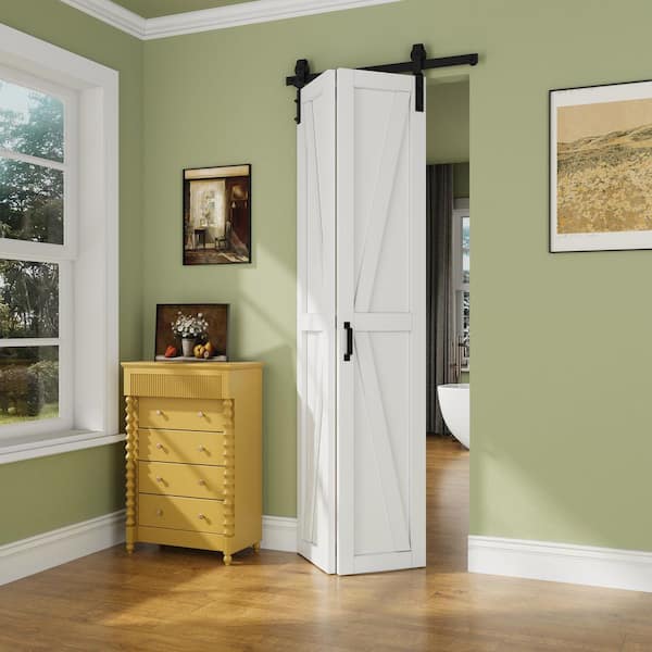36 in. x 84 in. Paneled White Finished MDF British K Shape Composite Bifold Sliding Barn Door Hardware Kit