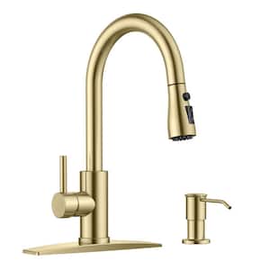 Single-Handle Pull Down Sprayer Kitchen Faucet with High-Arc Kitchen Sink Faucet with Soap Dispenser in Brushed Gold