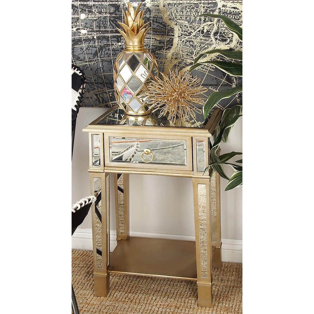 Beige Mirrored Fir Wood Accent Table with Storage