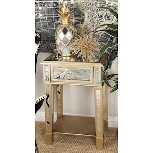 14 in. Beige Mirrored 1 Shelf Large Square Mirrored End Accent Table