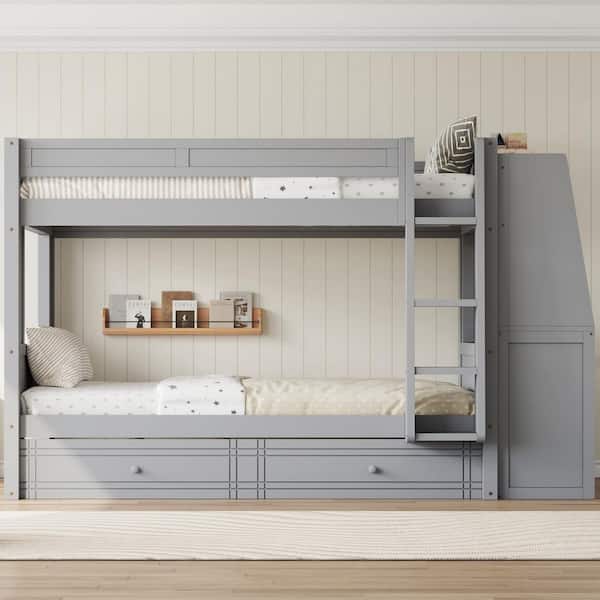 Gray-A Full Over Full Wood Bunk Bed with Desk and Bookshelves, Drawers