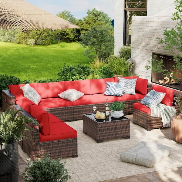 Brown 9-Piece Wicker Patio Conversation Sectional Seating Set with Bright Red Cushions