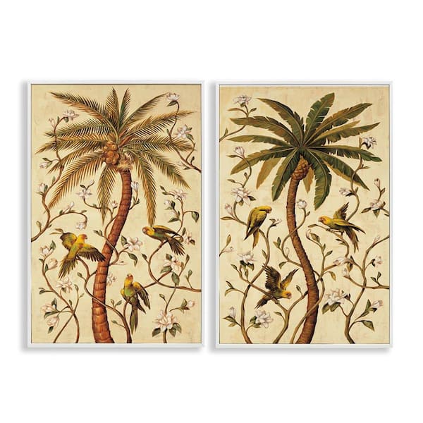 Stupell Industries Parrots & Curving Palm Trees by Rodolfo Jimenez 2 Pieces White Framed Nature Giclee Art Print 30 in. x 20 in.