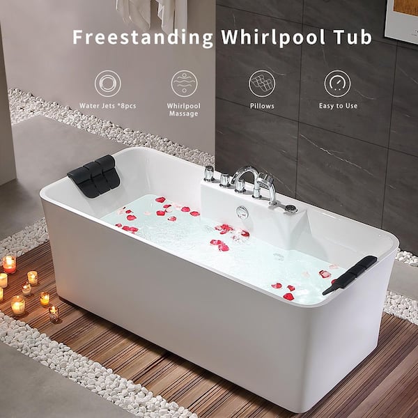 67 in. 1-Person 8-Jet 120-Volt Whirlpool Freestanding Acrylic Bathtub in White with Faucet and Shower