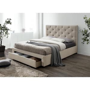Stevies Beige Queen Upholstered Wood Frame Platform Bed With Foot Drawer