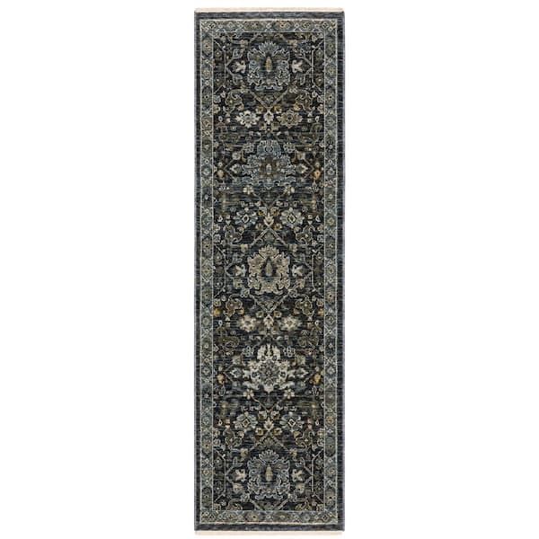 AVERLEY HOME Ambrose Blue 2 ft. x 8 ft. Vintage Oriental Floral Polyester Fringe Edge Indoor Runner Area Rug